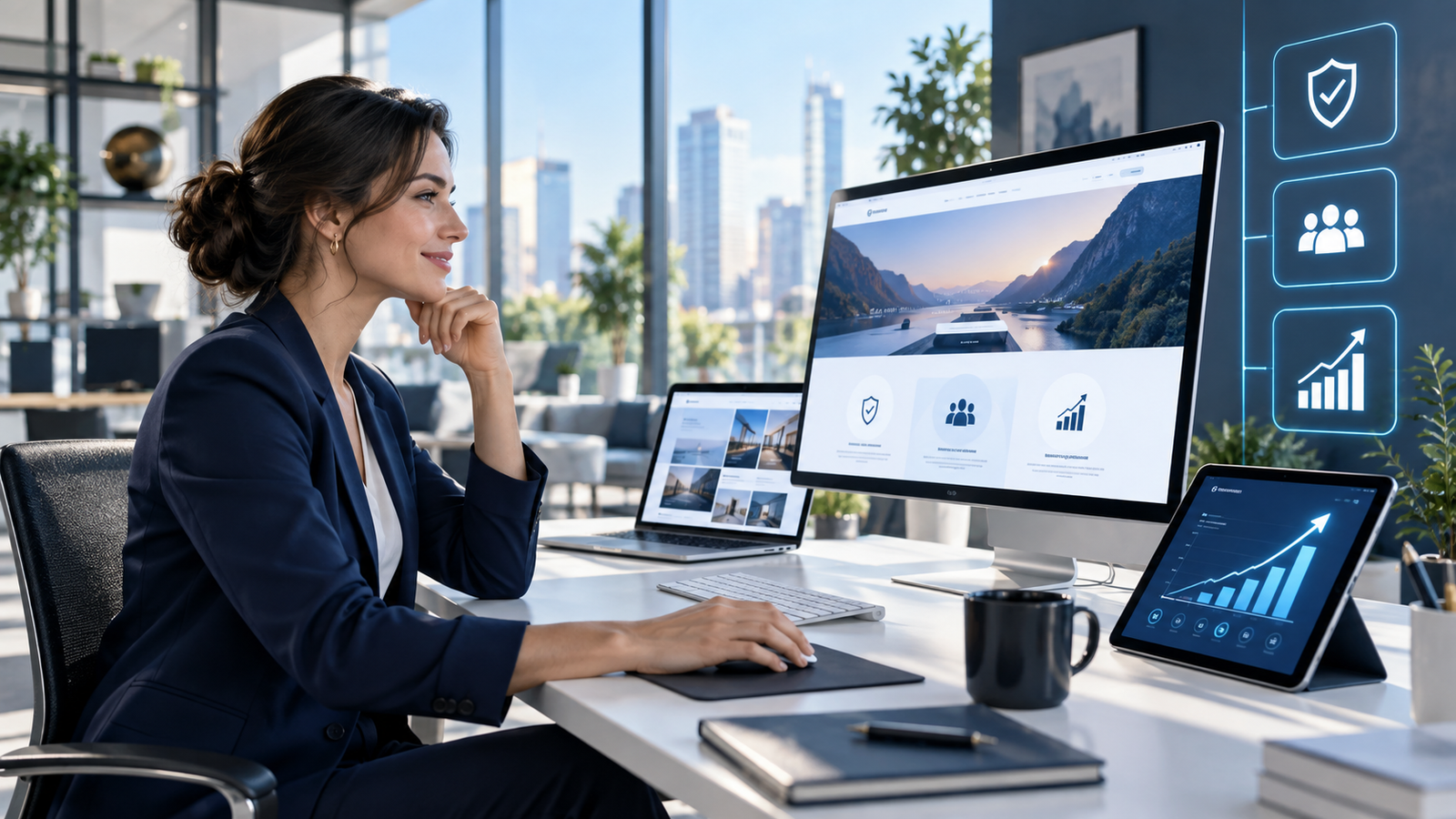 Business owner reviewing a professional website designed for business growth