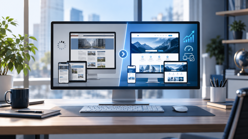 Before-and-after comparison of an outdated website and a modern responsive